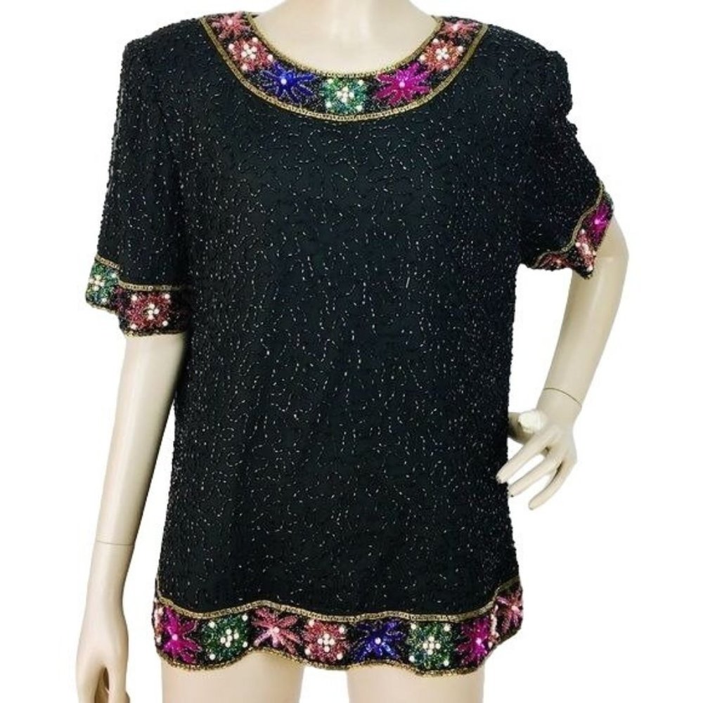 Vintage Laurence Kazar Silk Beaded Sequined Border Print Party Blouse